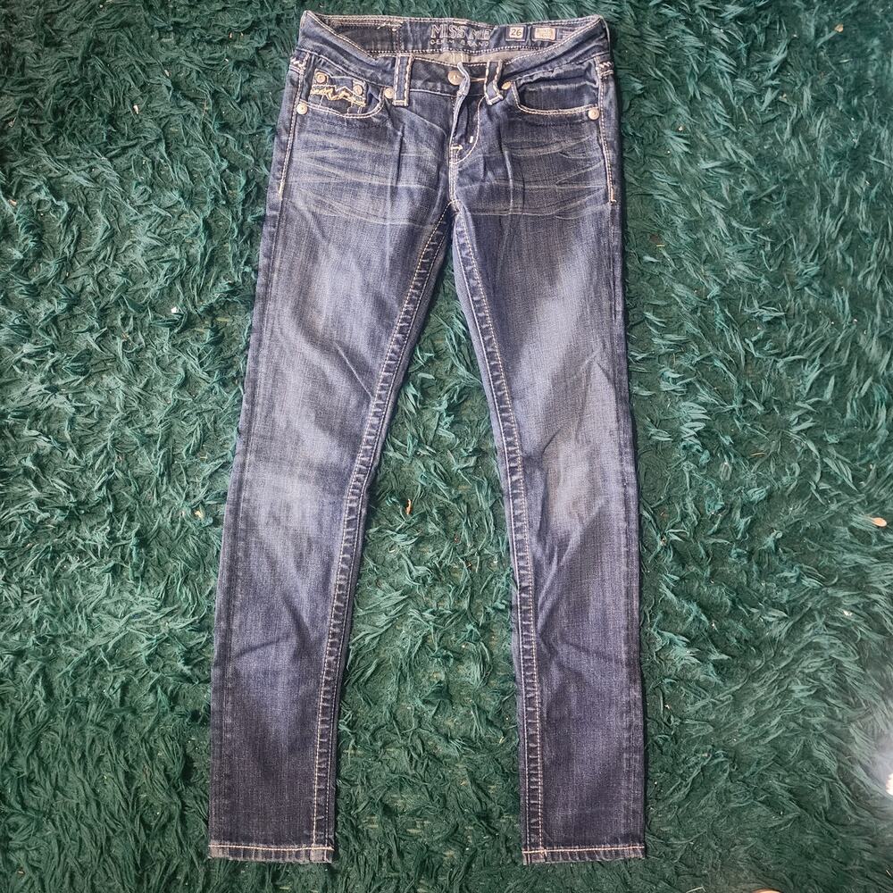 Miss Me Skinny Jeans Size 26 Y2K Heavy Stitch Pocket Denim Wash